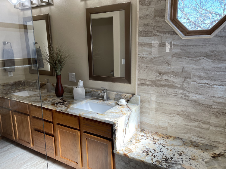 Denver Bathroom Remodel beautiful marble backsplash and counter tops